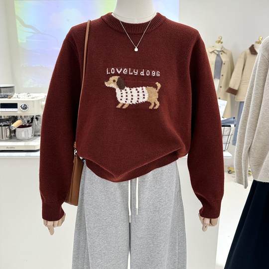 过冬新款保暖复古小狗织花图案宽松显瘦圆领套头毛衣女针织潮外穿