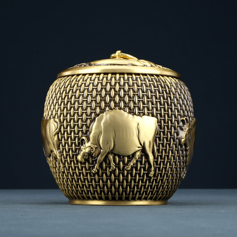 铜欣祥黄铜带盖五牛茶叶罐桌面实用摆件家居办公室茶室工艺品礼品,淘宝优惠券,粉丝福利购,淘宝优惠卷