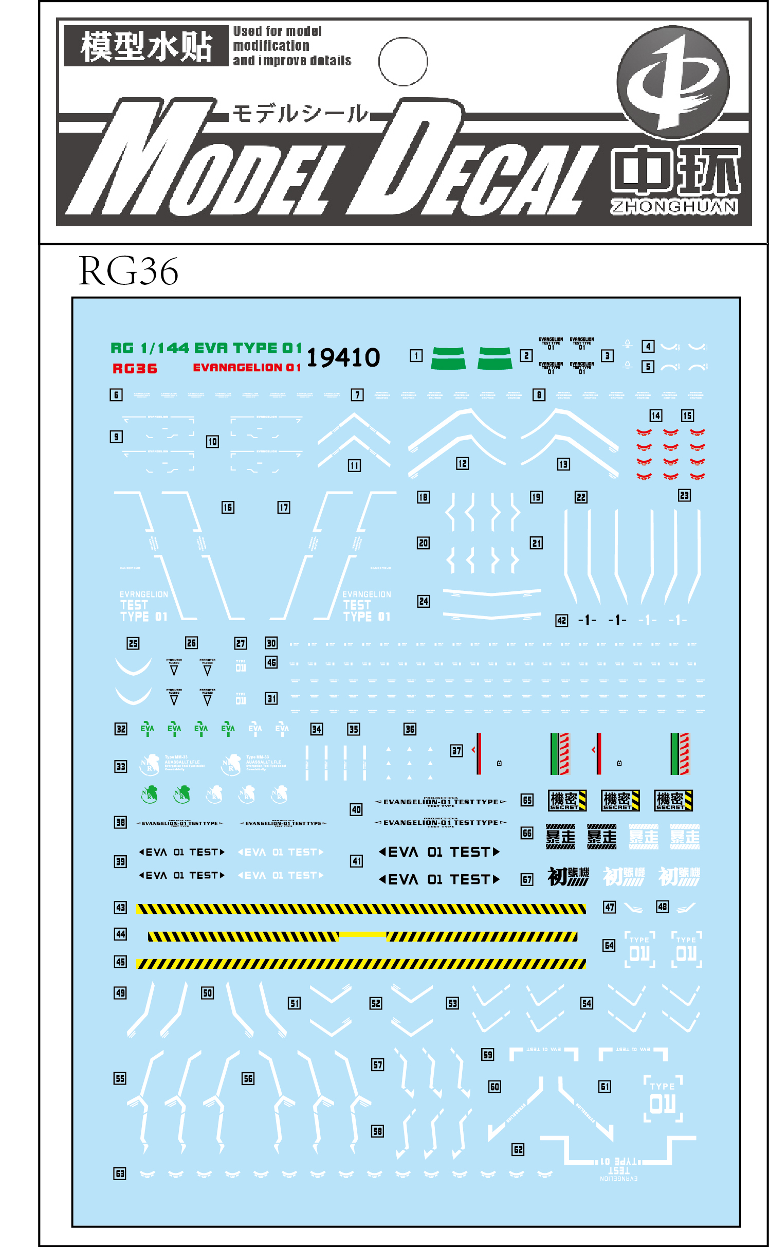 (中环水贴19410) RG1/144 EVR TYPE01初号机地台设计部分高达贴纸-图1