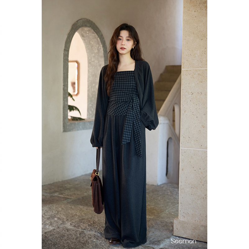 【立减50%】秋冬韩系气质高级感小众洋气格纹吊带外套裤子三件套,淘宝优惠券,粉丝福利购,淘宝优惠卷