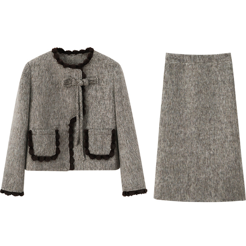 夕蒙2025新款秋冬新年高级感小个子法式短款毛呢外套女加厚裙套装,淘宝优惠券,粉丝福利购,淘宝优惠卷