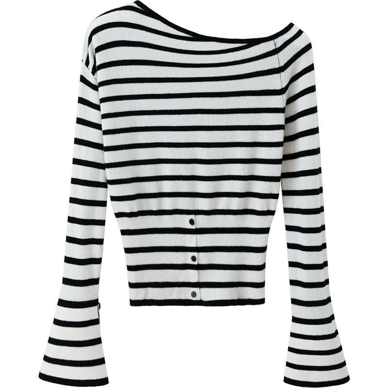 【清仓秒杀】秋韩系气质上衣独特绝美氛围感斜肩黑杏条纹针织衫女,淘宝优惠券,粉丝福利购,淘宝优惠卷