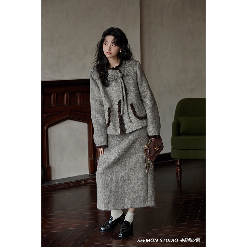 夕蒙2025新款秋冬新年高级感小个子法式短款毛呢外套女加厚裙套装,淘宝优惠券,粉丝福利购,淘宝优惠卷