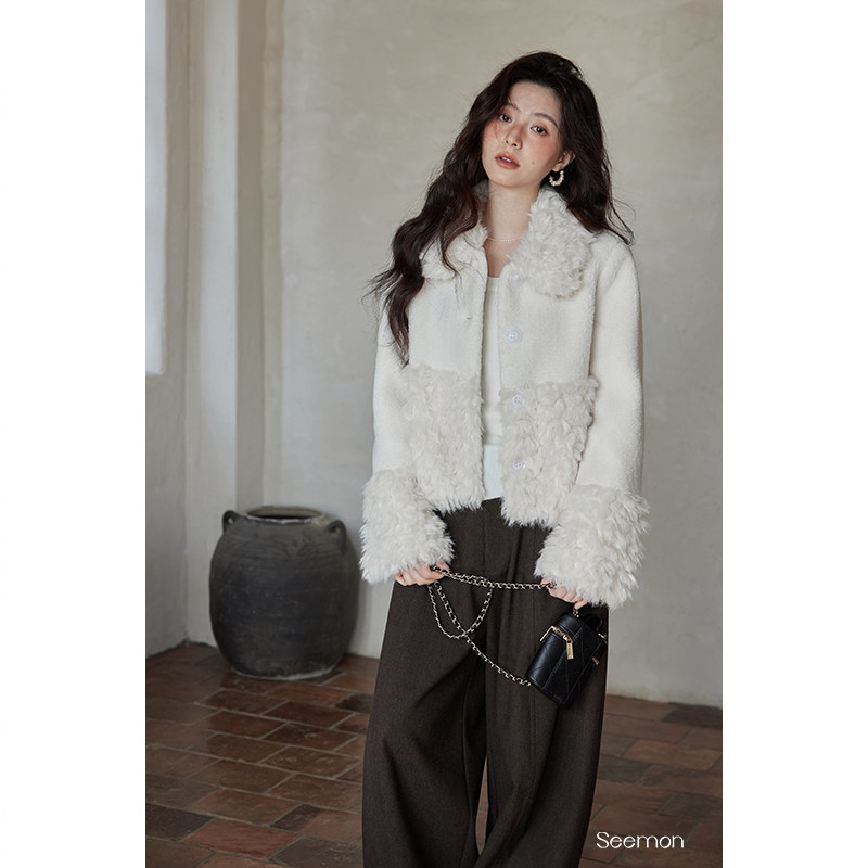 夕蒙2026新款冬季设计感小众高级感小个子羊羔毛毛领毛绒白色外套,淘宝优惠券,粉丝福利购,淘宝优惠卷