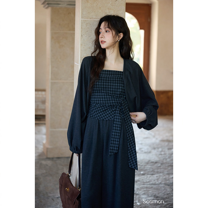 【立减50%】秋冬韩系气质高级感小众洋气格纹吊带外套裤子三件套,淘宝优惠券,粉丝福利购,淘宝优惠卷