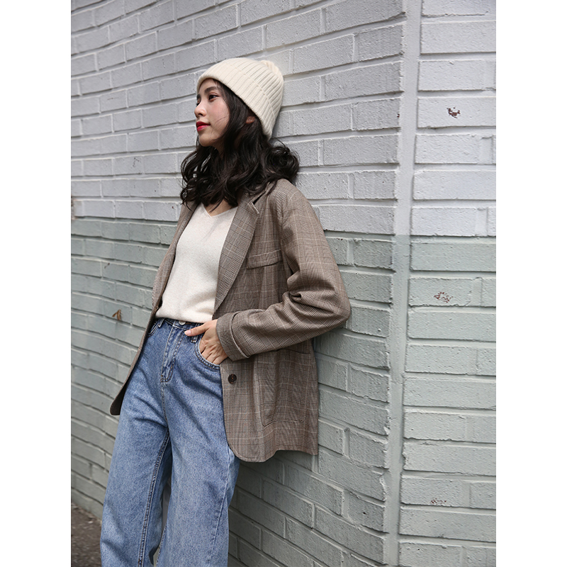 新款秋冬港味复古 外套格子西服韩版气质休闲小西装女 chic 夕蒙 2018 新款秋冬港味复古 外套格子西服韩版气质休闲小西装女 chic 夕蒙 2018