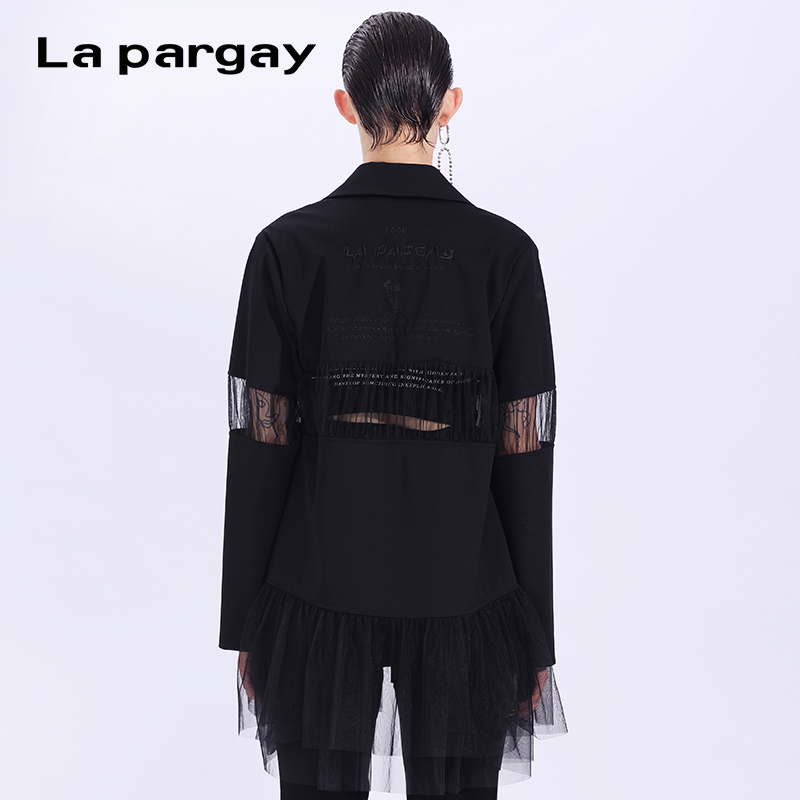 Lapargay纳帕佳2023新款女式黑色帅气网纱拼接休闲西装长袖短外套