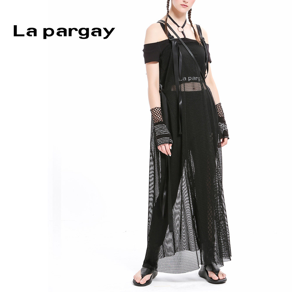 纳帕佳夏季新款黑色网布开叉背带裙女一字肩长款拖地裙子专柜正品,淘宝优惠券,粉丝福利购,淘宝优惠卷