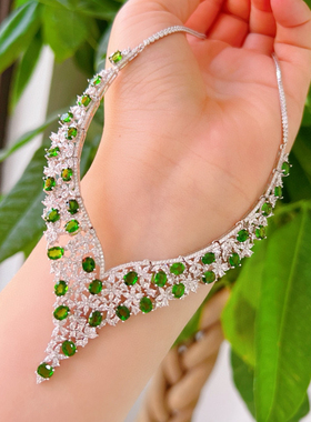 精品 天然透辉石大项链纯银镶嵌项链女款彩宝镶嵌饰品礼物晚礼服