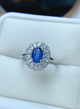 斯里兰卡天然原矿蓝宝石戒指大克拉宝石s925银镶天然钻石满火彩