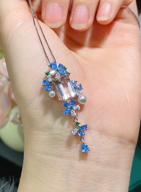 天然摩根石吊坠，晶体干净色彩独特S925银电镀白金色，主石6*9mm