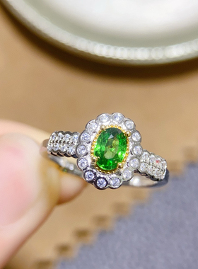 纯天然沙弗来戒指主石4*6mm925纯银精工镶嵌 女贵重宝石