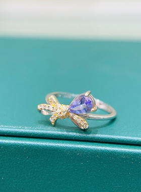 s925纯银镀金戒指空托奢华镶嵌水滴形5*7mm 欧美满钻diy坦桑