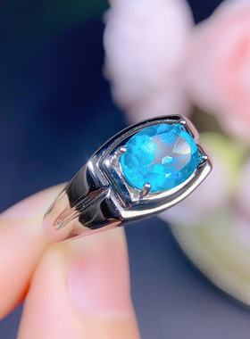 天然帕拉伊巴色托帕石戒指椭圆形时尚简约百搭日韩戒面镶嵌宝石