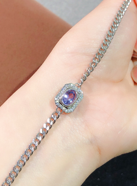 s925纯银镶嵌天然坦桑石手链 椭圆形5*7mm 豪华厚重古巴链条款