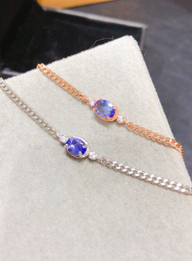 新款坦桑尼亚坦桑石手链925银镀金镶嵌 5*7MM简约精致手链