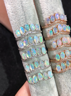 天然白欧泊排戒 火彩闪耀绚丽款式精致上手效果好 S925银精工镶嵌