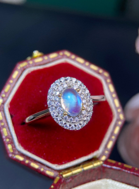 纯天然蓝月光石戒指干净体品质主石4*6mm925银精工镶嵌