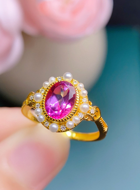 天然粉托帕戒指 精品粉托帕大主石尺寸:6*8mm925银镀玫瑰金