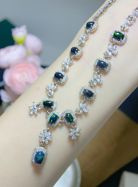 奢华澳洲黑欧泊晚宴会年会生日首饰套装女新娘结婚纱礼服项链配饰