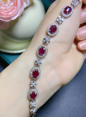 奢华高贵天然红宝石银饰手链S925纯银镶嵌色红纯银底托不过敏