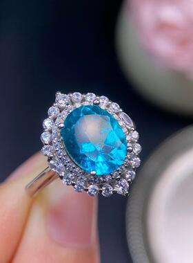 天然帕拉伊巴色托帕石戒指颜色好粒粒都是精品S925银精工镶嵌