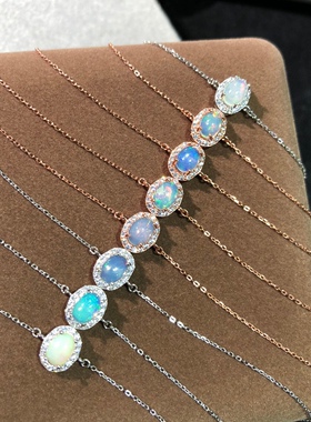 天然澳大利亚绚彩欧泊手链纯银日韩个性时尚款七彩光欧泊手串礼物