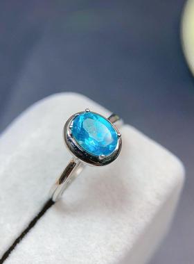 天然帕拉伊巴色托帕石戒指晶体全净S925银镶嵌精致个性百搭小众