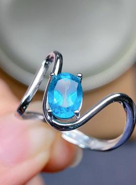 天然帕拉伊巴色托帕石戒指S925银精工镶嵌主石6x8mm精致百搭