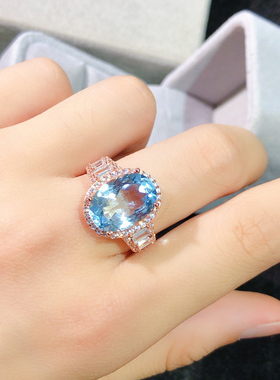天然瑞士蓝托帕石戒指颜色浓郁满火彩主石10*14mm925银活口镶嵌