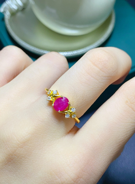 天然红宝石戒指晶体通透，戒面5*6mm，925银精工镶嵌，