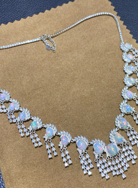 新款天然炫彩白欧泊项链爆闪满火彩S925银精工镶嵌配带证书