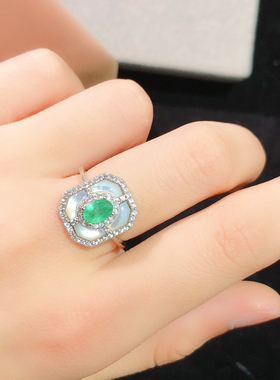 天然红宝石祖母绿贝母戒指s925纯银4*6mm长方设计大气