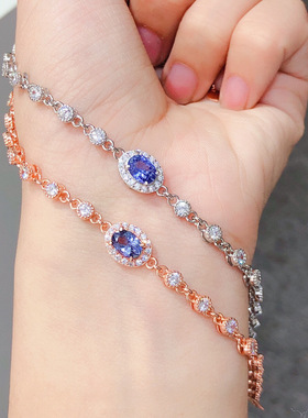 天然坦桑石手链！妖艳紫925银精工镶嵌！主石5*7mm