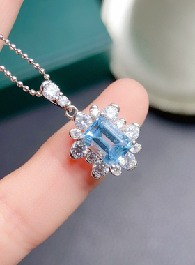 新款天然托帕石吊坠女S925银镶嵌时尚个性蓝色宝石项链