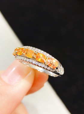 天然黄蓝宝戒指s925银镶嵌彩虹排戒小众设计款开口戒指高级感女戒