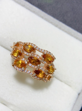 天然招财黄水晶戒指 经典款裸石规格3*6mms925纯银镀18k真金镶嵌