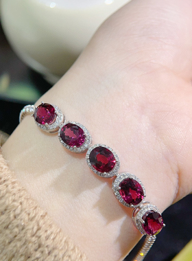 纯银镶嵌时尚天然镁铝石榴石手链唯美礼物镶红色宝石喜庆6*8mm