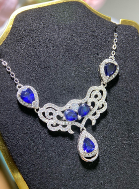 S925银镶嵌天然斯里兰卡蓝宝石项链高净度火彩超赞日韩大气时尚