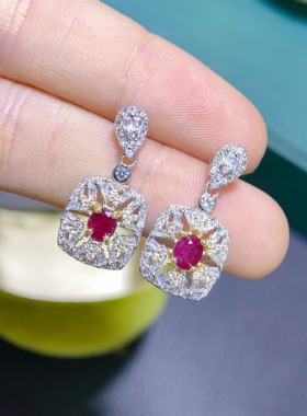 新款S925纯银镶嵌天然红宝石耳钉耳环椭圆4*5MM镶嵌缅甸红宝石