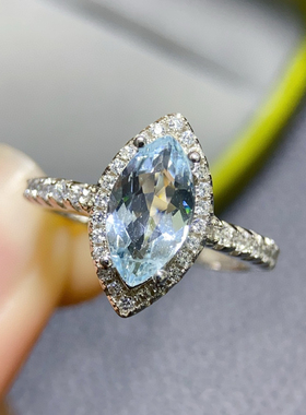 纯天然海蓝宝马眼造型戒指出货，精工品质，天然海蓝宝主石6*8mm