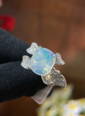 轻奢超闪高级感炫天然彩欧泊戒指是S925纯银女开口可调节