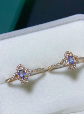 银镀18K玫瑰金色天然坦桑石戒指女款彩宝镶嵌时尚个性小众设计感