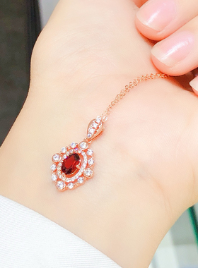 8月上新天然红色宝石石榴石吊坠银镀18k金显气质女彩色宝石镶钻