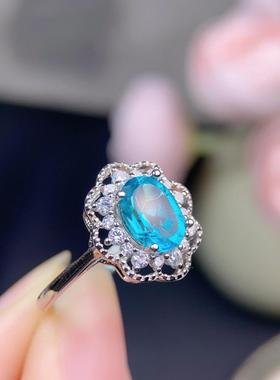 天然帕拉伊巴色托帕石戒指瑞士蓝S925银镶嵌精致个性百搭小众6x8