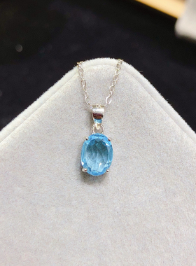 新S92纯银女套装银镶嵌天然瑞士蓝蓝托帕石吊坠尺寸6*8mm时尚简约