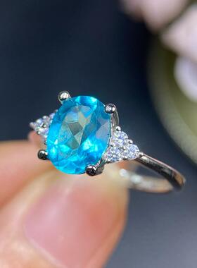 天然蓝托帕石戒指活口女款水晶宝石指环纯银托珠宝小清新流行饰品