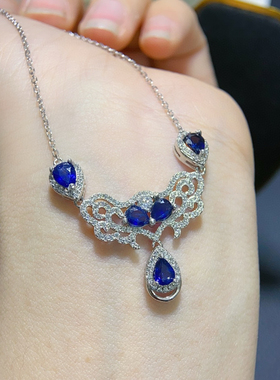 S925银镶嵌天然斯里兰卡蓝宝石项链高净度火彩超赞日韩大气时尚