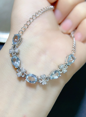 天然海蓝宝手链女款925银镶嵌冰种水滴形蓝色水晶时尚气质百搭