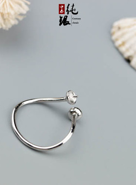 s925纯银双珍珠位简约圆珠戒指托空托银托5至8mm适用